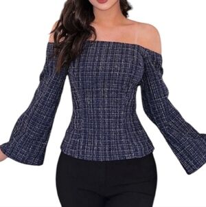 Zara Off-Shoulder Navy Tweed Top. NWT Sz-Small
